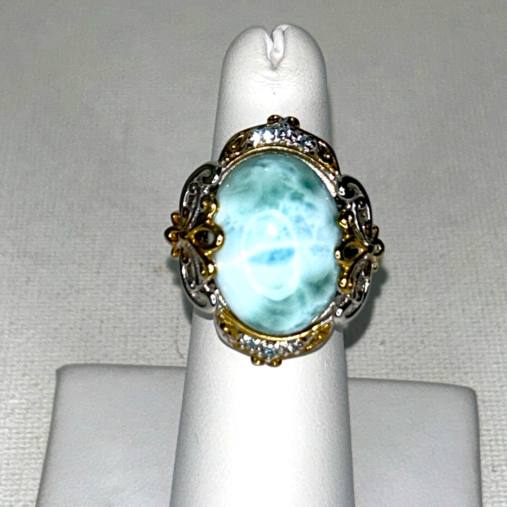 Gems En Vogue Sterling 18k Accent Genuine Larimar Blue Topaz Gemstone Ring Boho 250$